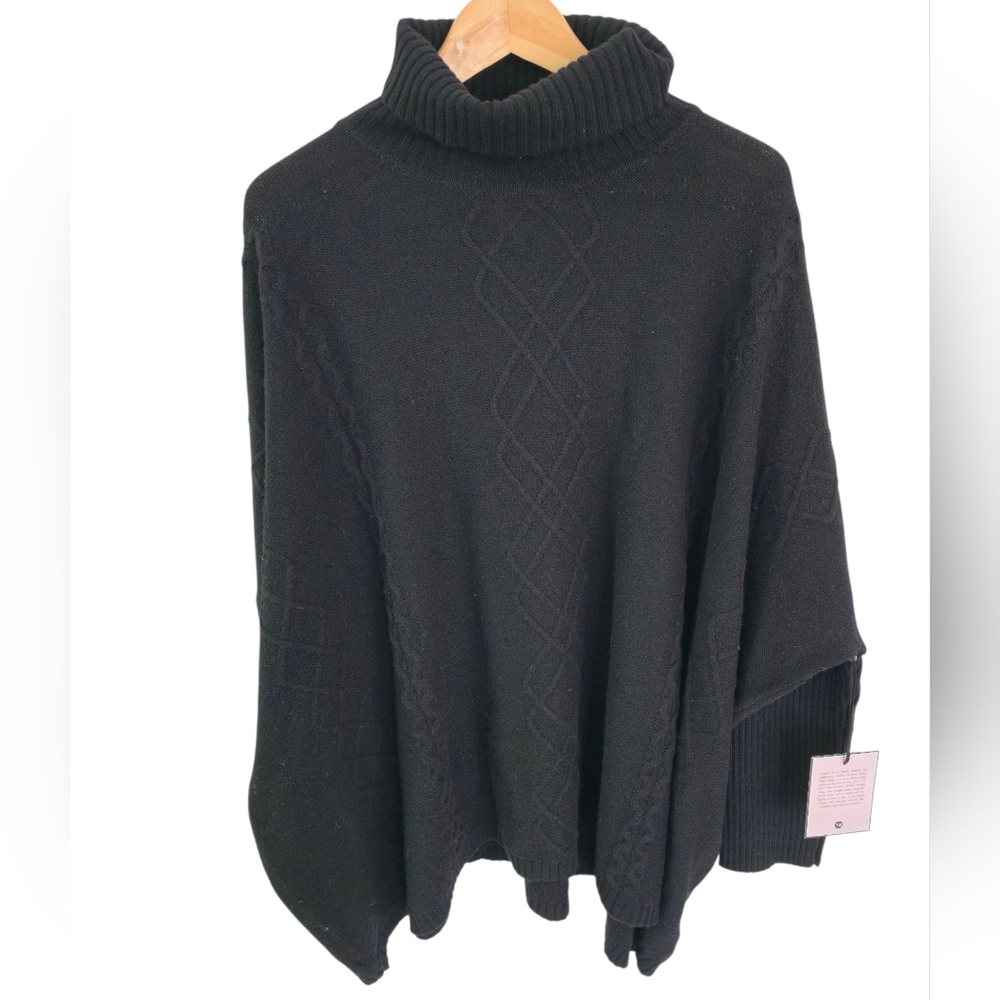 NWT Tabitha Webb Turtleneck Poncho Sweater Wool Blend Cable Knit Black Size L/XL